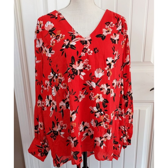 Jessica Simpson Womens Floral Print Long Sleeve Blouse Top Red Size 2X - Picture 1 of 9